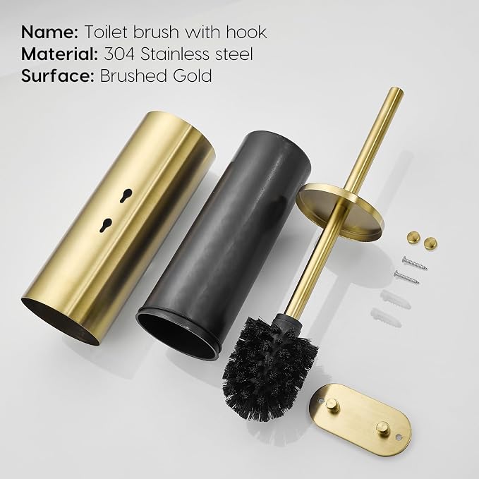 Gold Brushed Stainless Steel Toilet Brush and Cover, No-Punch Hook Base Dual - Image 6