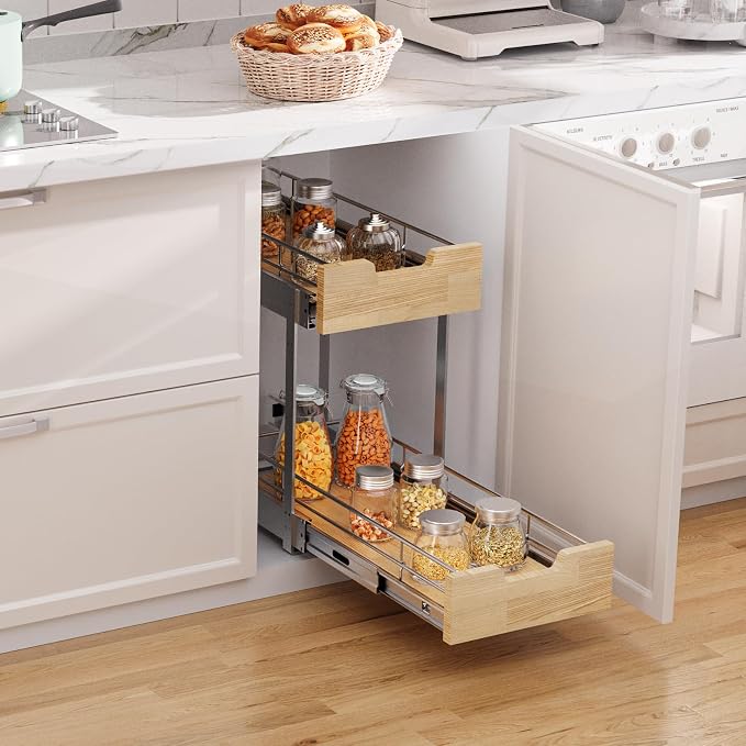 Pull Out Cabinet Organizer, Heavy-Duty Slide Out Shelf, Wood and Wire Basket - Image 4