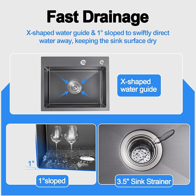 24x18x9 Inch Kitchen Sink, Handmade 304 Black Stainless Steel Single Bowl - Image 4