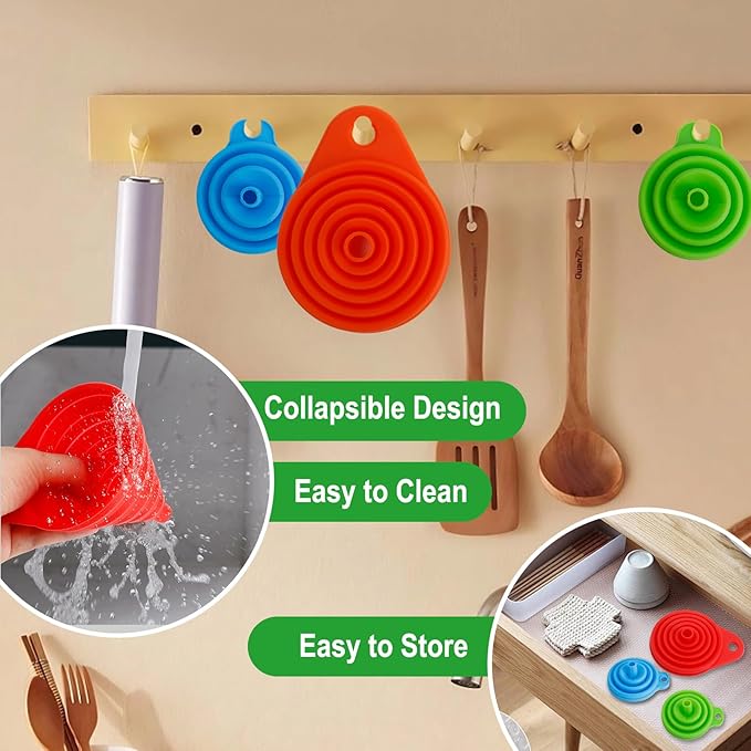 Kitchen Funnel Set of 4, Food Grade Foldable Small and Large Funnel Colorful - Image 4
