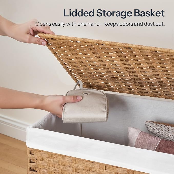 HOOBRO Storage Basket with Lid, 52.8 Gallon Wicker Basket, Handwoven Blanket - Image 5