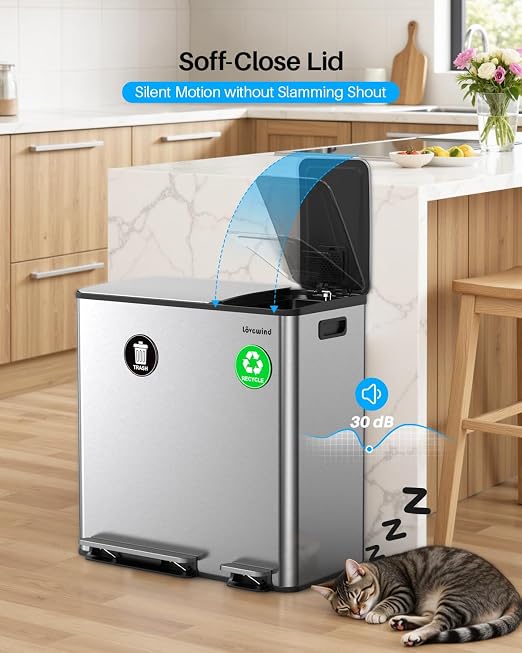 Dual Trash and Recycling Bins for Kitchen, 13.2 + 5.2 Gal Stainless Steel Trash - Image 4