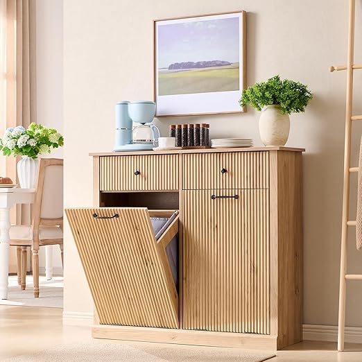 Modern Double Tilt-Out Trash Cabinet, 20 Gallon Fluted Laundry Hamper Cabinet by IFGETEnrichYourLivingSpace