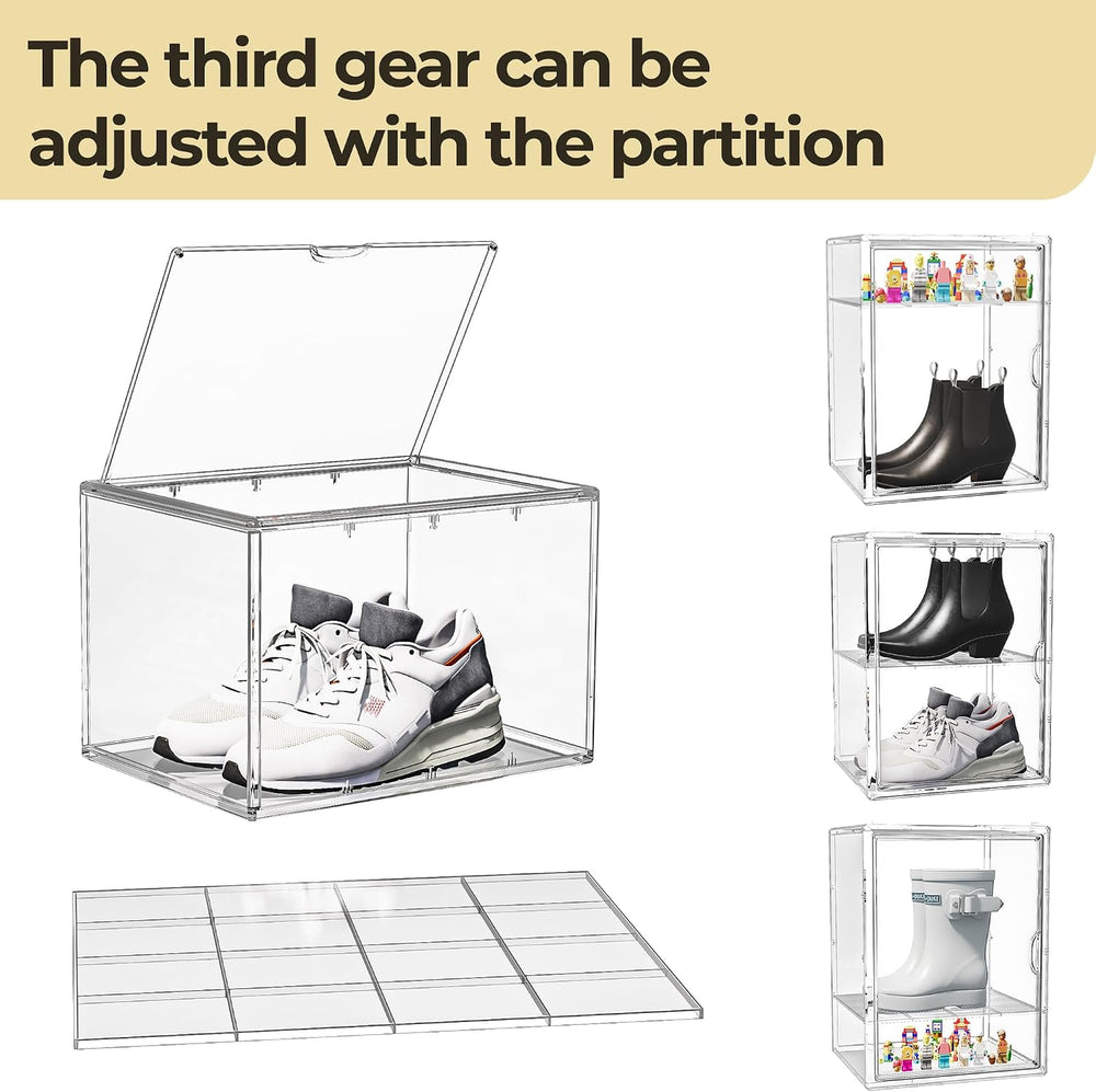 Clear Shoe Storage Boxes with Divider, Stackable Plastic Boot Boxes
