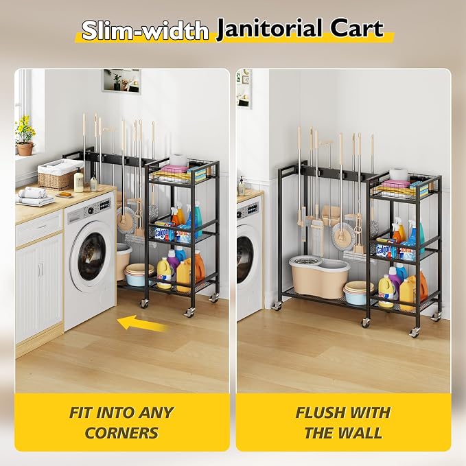Broom Holder with Cleaning Supplies Organizer, Movable Broom Closet Storage - Image 4
