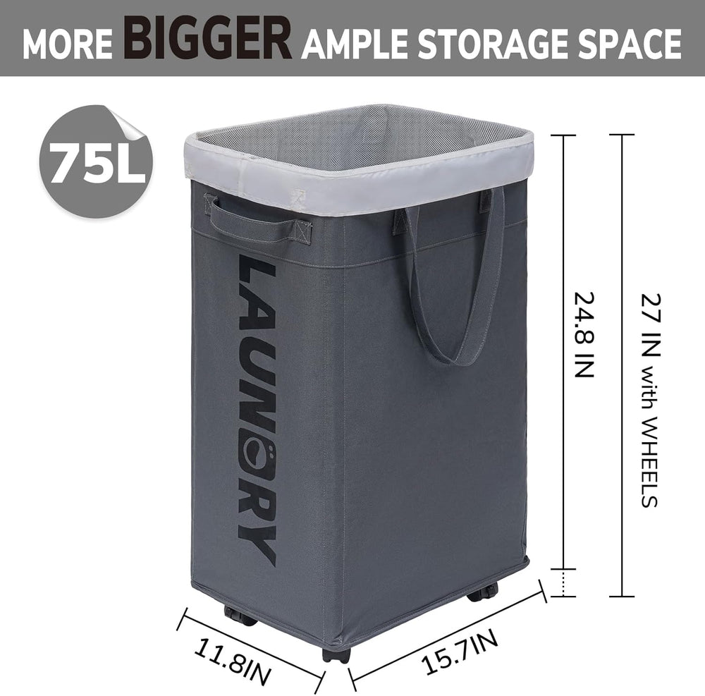 Goodpick 2-Pack Laundry Basket with Wheels & Wash Bag, Hamper for Dorm, 75L