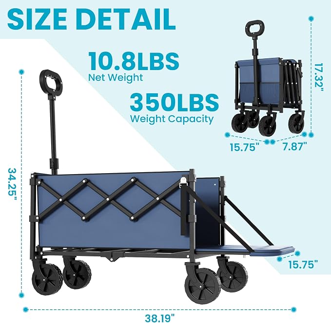 Collapsible Folding Wagon with Tailgate, Wagons Carts Foldable with 350lbs - Image 5