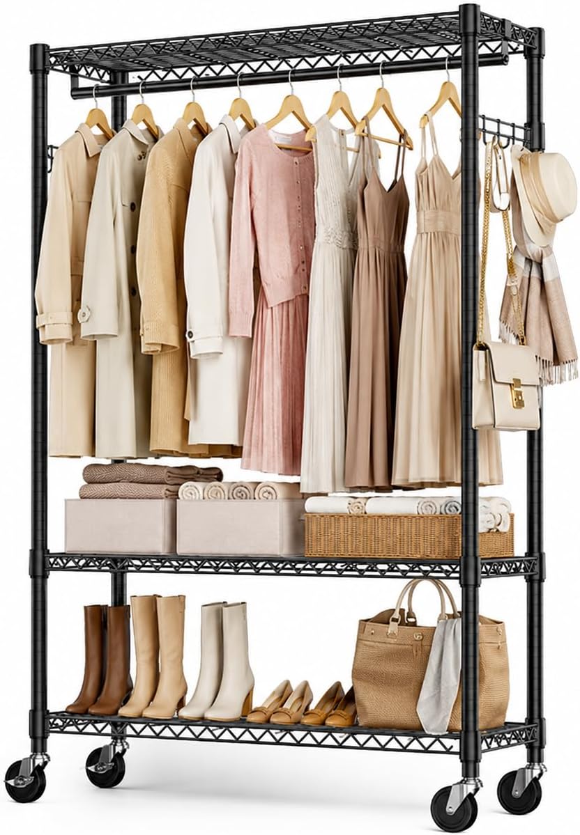 Heavy Duty Garment Rack with Lockable Wheels, 1050lbs Rolling Clothing Rack 3...