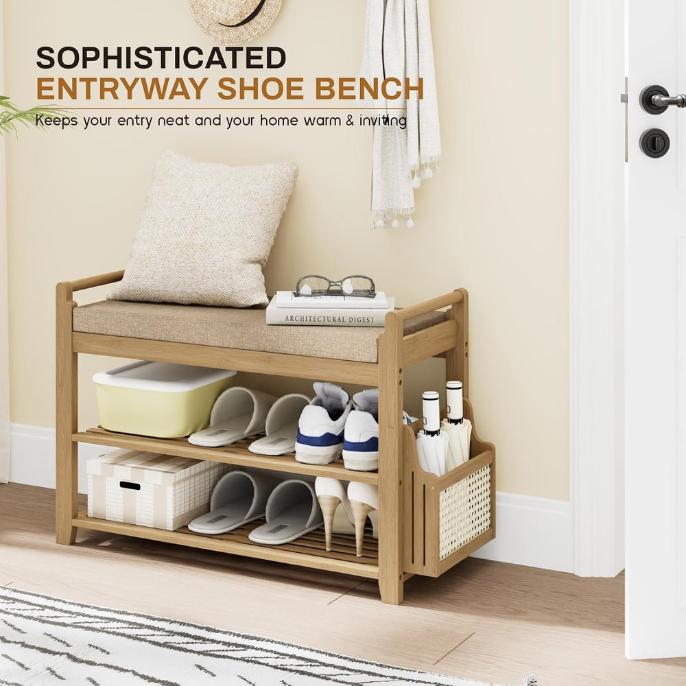 Homaxy 2-Tier Shoe Rack Bench, 28.2 in, Walnut and Light Brown