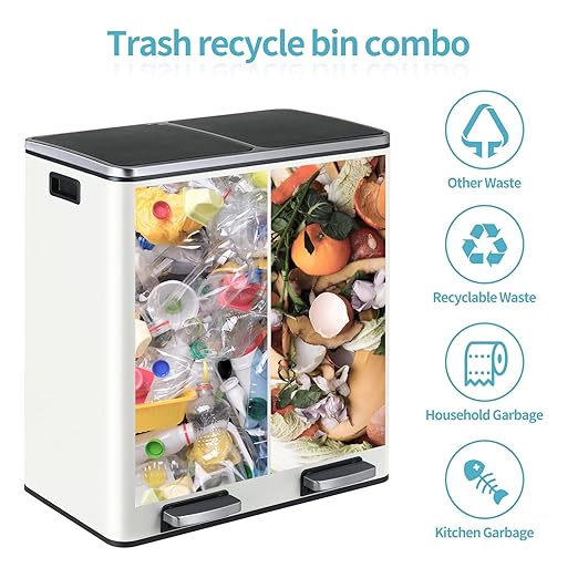 16 Gallon Rectangular Stainless Steel Trash Can, Dual Compartment Garbage Bin - Image 5