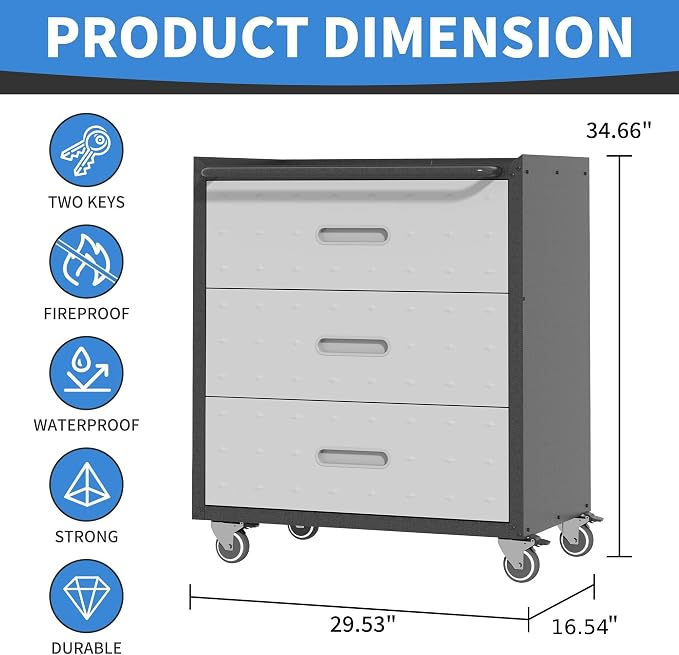 Metal Storage Cabinet with Wheels, Rolling Tool Cabinet, Garage Storage Cabinet - Image 3
