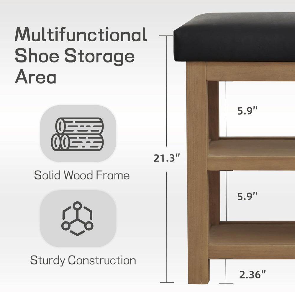 Zihanhome Shoe Rack Bench with Leather Cushion, 2 Tier Solid Wood Storage Ben...