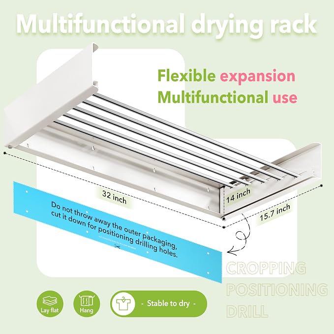 Wall Mounted Clothes Drying Rack 32 inches, Foldbale Laundry Drying Rack Wall - Image 3