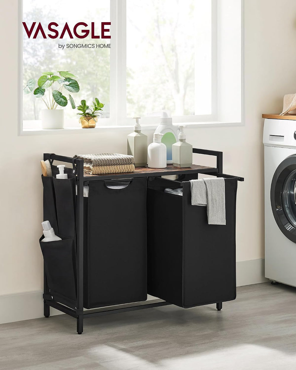 VASAGLE Laundry Hamper with Shelf, 2 Pull-Out Bags, 2 x 12.1 Gallons (46 L)