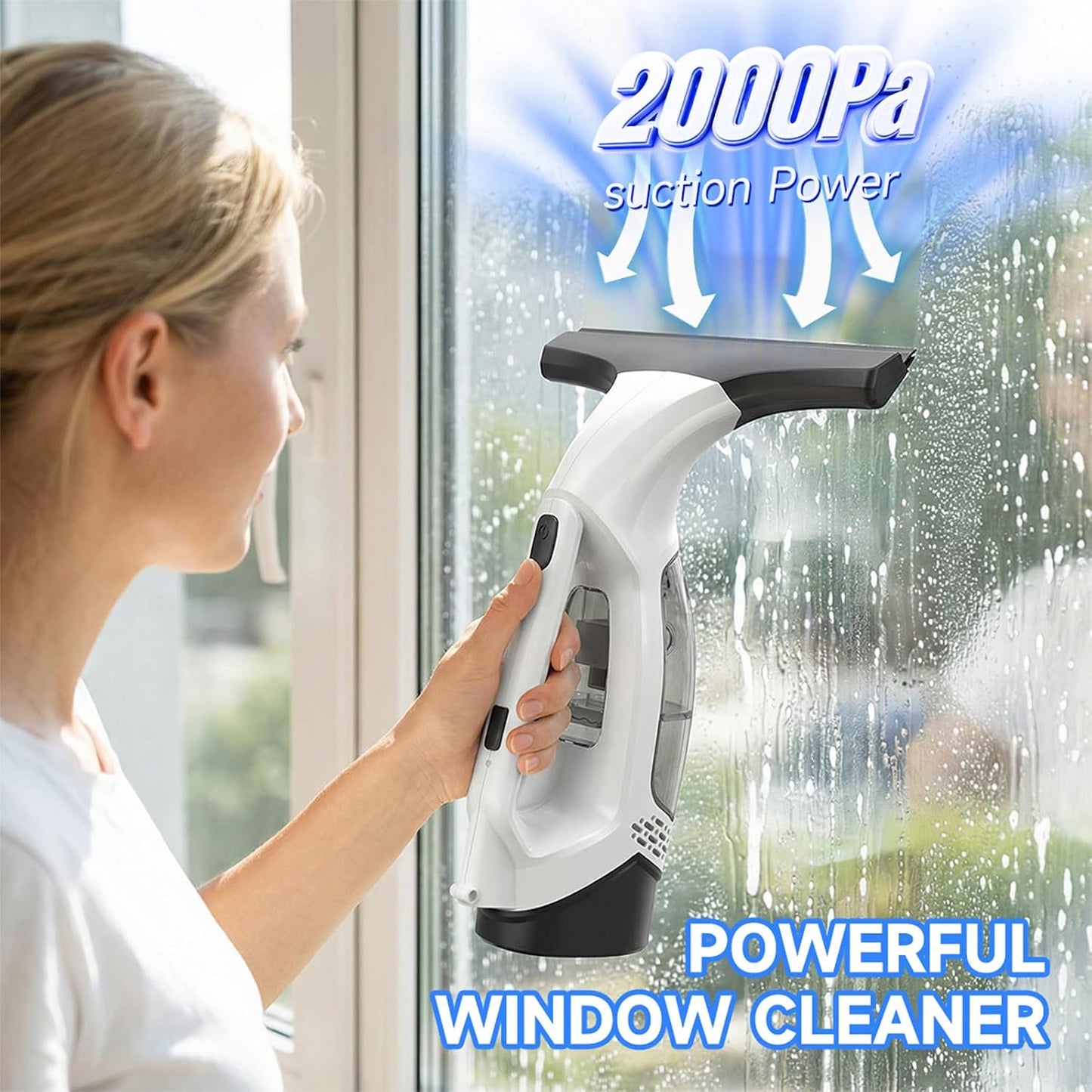 Cordless Window Vacuum Cleaner, Electric Squeegee with 2000Pa Suction, 30-40 in. Adjustable Extension Pole, 11 in. Blade for High Windows, Shower Doors, Mirrors, Tiles & Car Glass