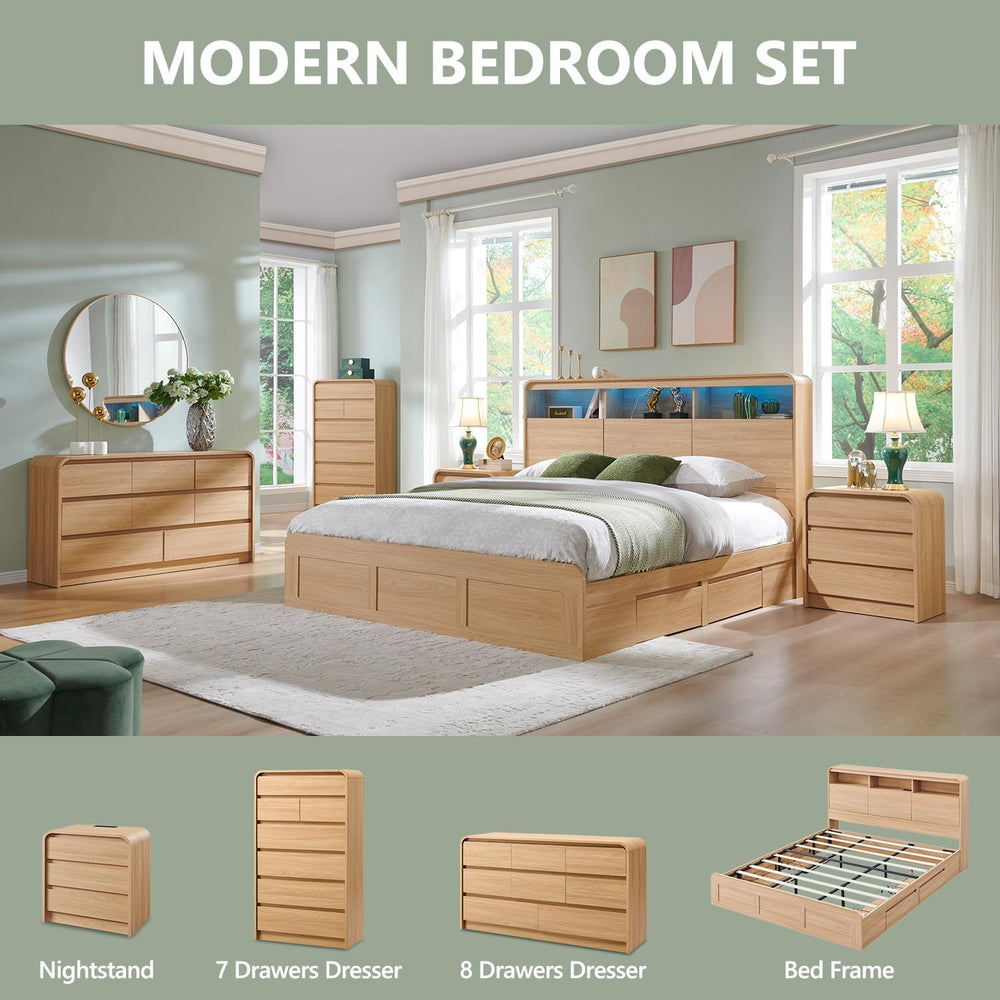 Aitjunz Modern 7 Drawers Dresser for Bedroom, 55" Tall Dresser, Natural Oak