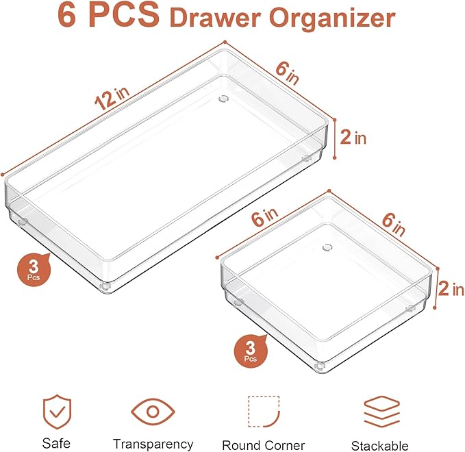 SMARTAKE 6 PCS Clear Plastic Drawer Organizers Set, Large Size Non-Slip Desk - Image 2