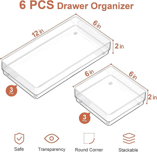 SMARTAKE 6 PCS Clear Plastic Drawer Organizers Set, Large Size Non-Slip Desk - Image 2