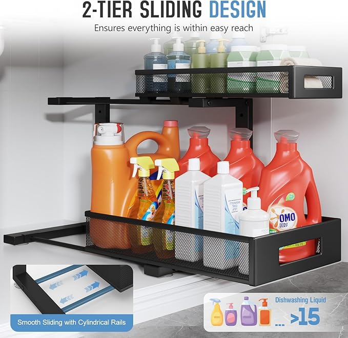 2 Pack 17IN Depth Under Sink Storage Organizer, Large 2-Tier Elegant Mesh Pull - Image 4