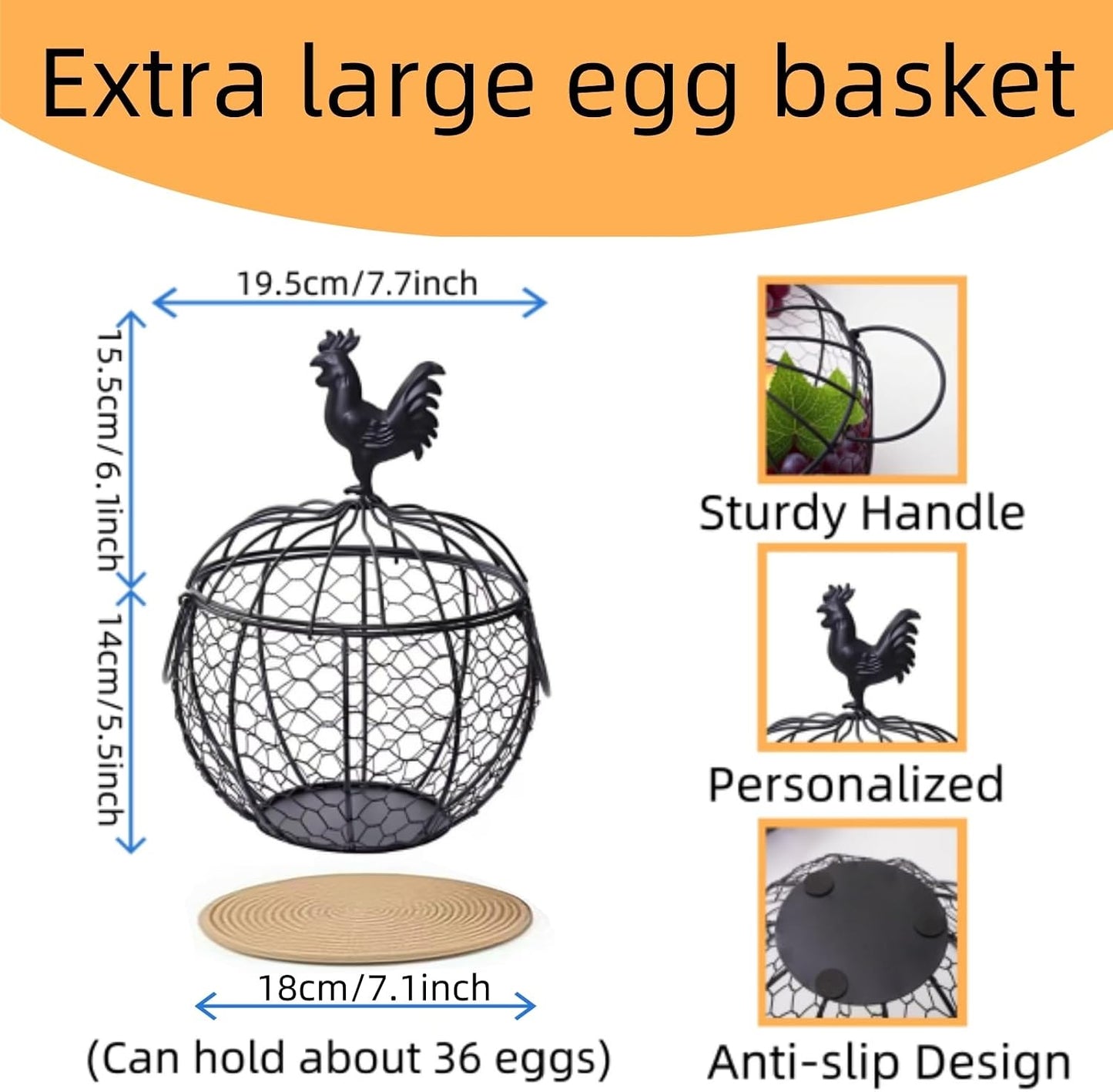 Wire Egg Basket for Gathering Fresh Eggs with Handle | Metal Egg Holder Countertop | Farm Fresh Egg Collecting Basket and Storage Holder | Suitable for Kitchen, Countertop and Farm (About 36 Eggs)