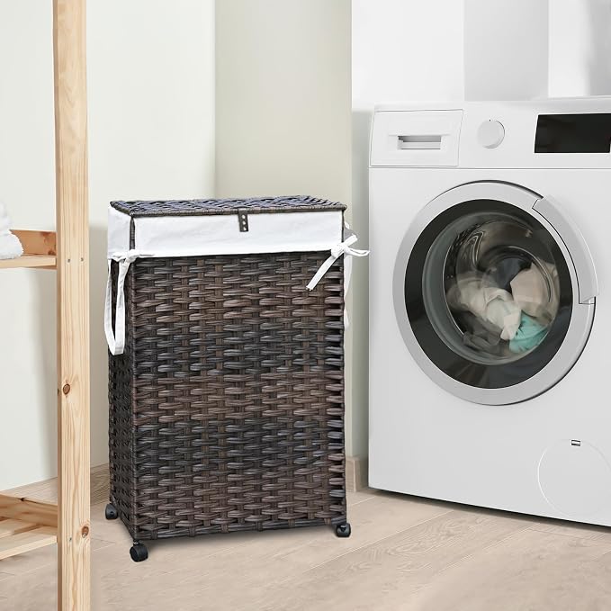 70L Slim Laundry Hamper with Lid & Wheels, Rolling Laundry Basket with 2 - Image 2