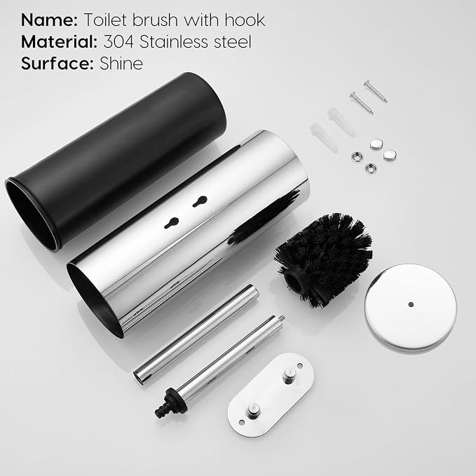 Toilet Brush and Brush Holder, Stainless Steel No-Punch Hook Base Dual Purpose - Image 7