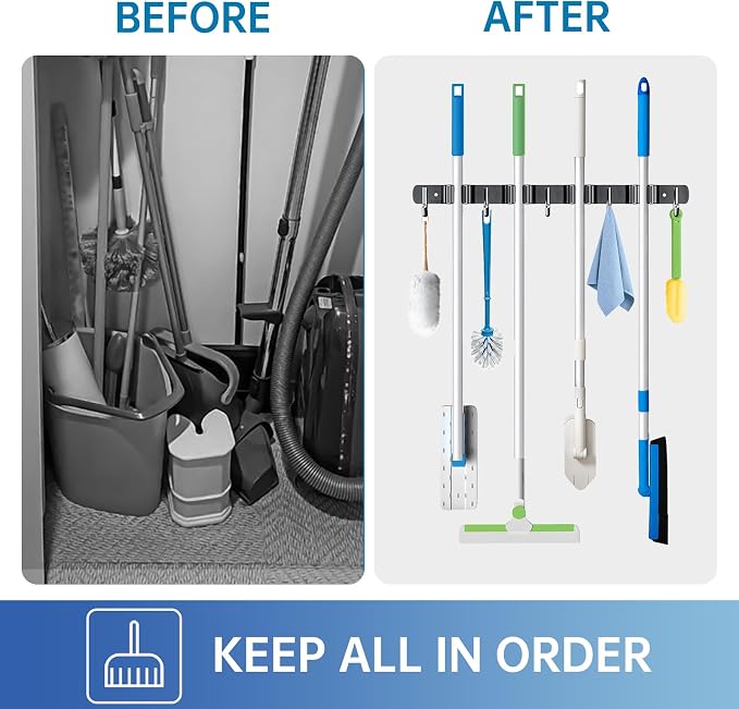 ZONGOOL 2 Pack Broom Holder Wall Mount, 4 Racks and 5 Hooks Mop Hanger Wall - Image 5