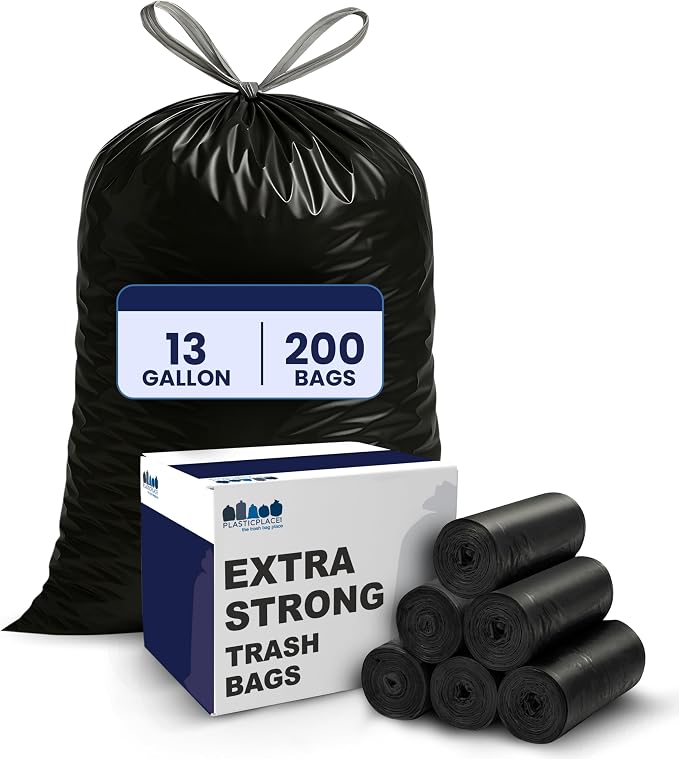Plasticplace 13 gallon Extra Tall Drawstring Kitchen Trash Bags | Black 1.2 Mil by Plasticplace