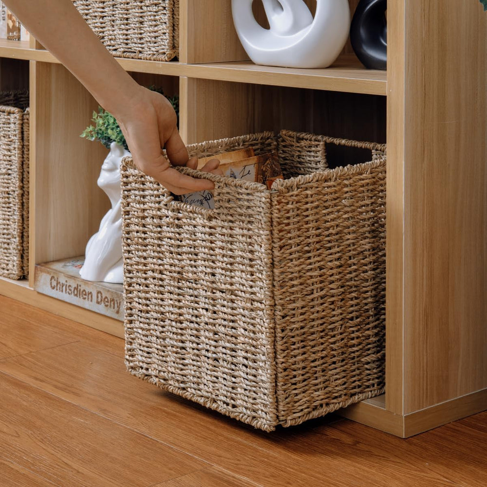10.5 x 10.5in Cube Seagrass Storage Baskets, Foldable Square Wicker Storage B...