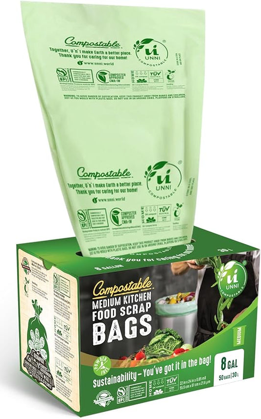 UNNI Compostable Trash Bags, 8 Gallon / 30 Liter, Extra Thick 0.85 mil Medium by UNNI