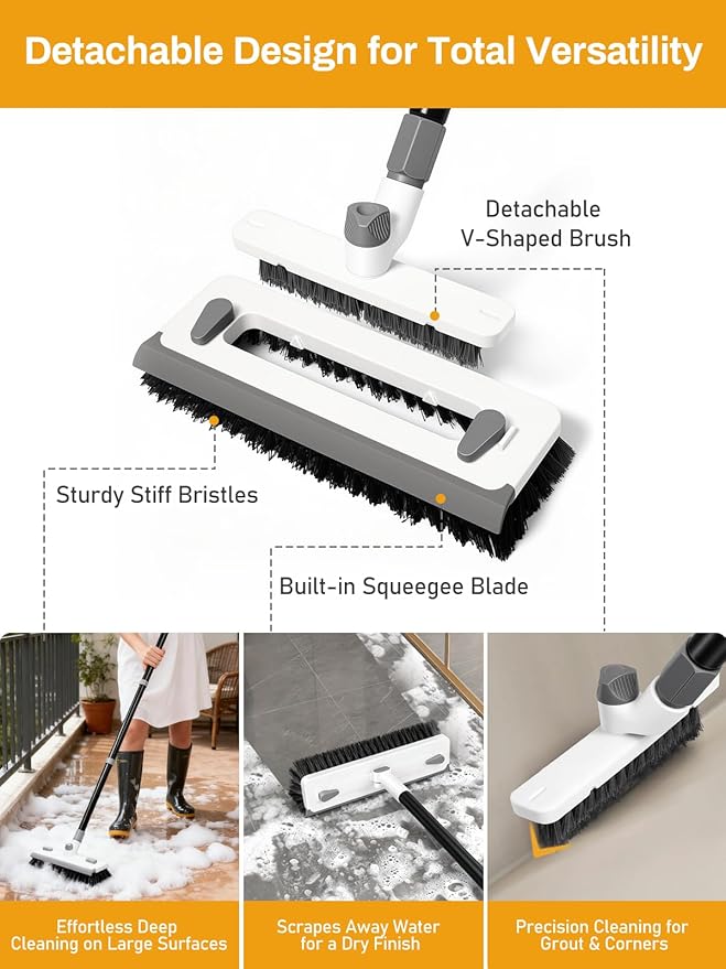 3 in 1 Floor Scrub Brush with Long Handle 55" Push Broom Stiff Bristle Scrubber - Image 2