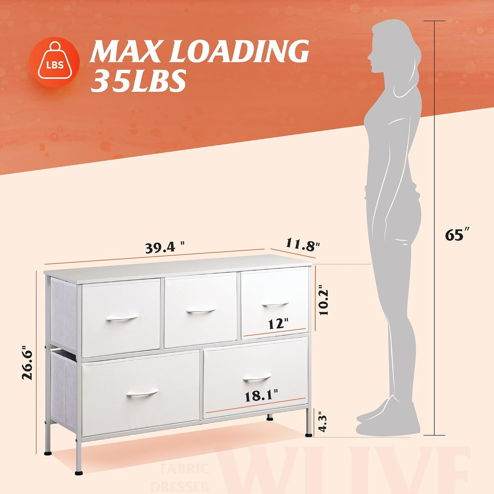 WLIVE 5 Drawer Dresser for Bedroom, Wide Chest of Drawers, White