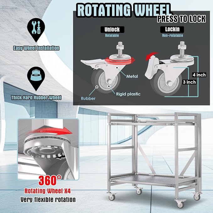 2 Shelf Rolling Cart with Wheels, 660lbs Capacity Collapsible Steel Rolling - Image 3