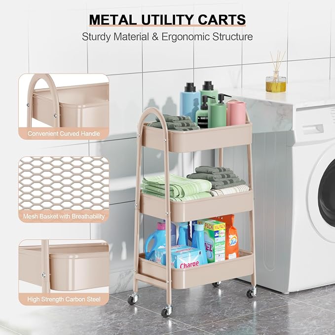EAGMAK 3 Tier Utility Rolling Cart, Metal Storage Cart - Image 2