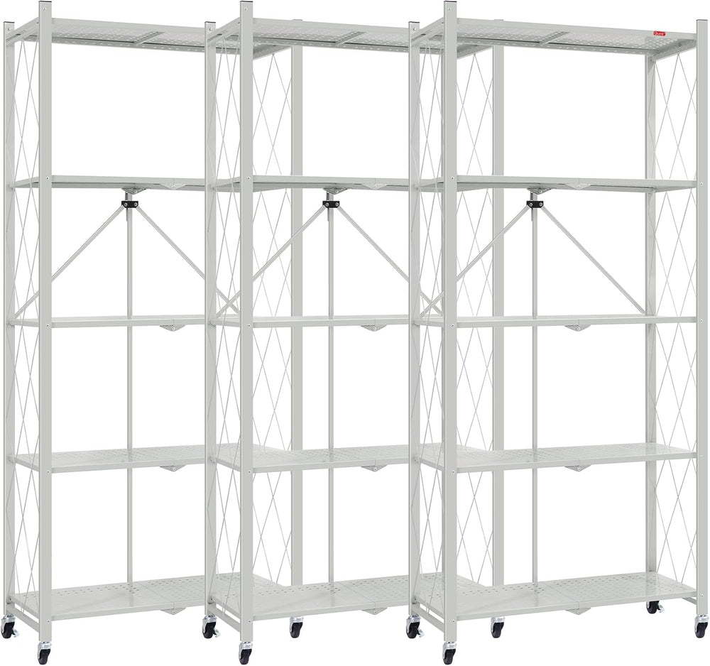DEANIC 5 Tier Foldable Storage Shelves with Wheels, Large Capacity Shelving U...