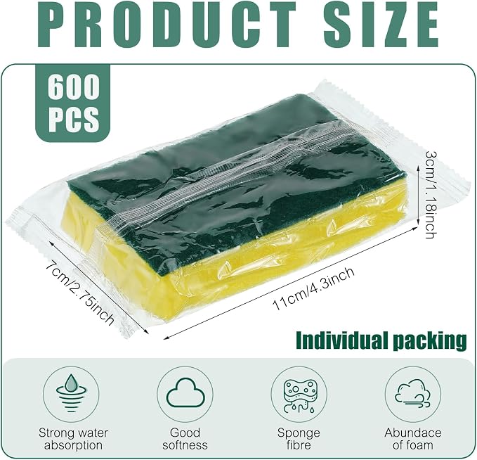 Tanlade 600 Pcs Individually Wrapped Dishwashing Sponge Bulk Non Scratch Scrub - Image 2
