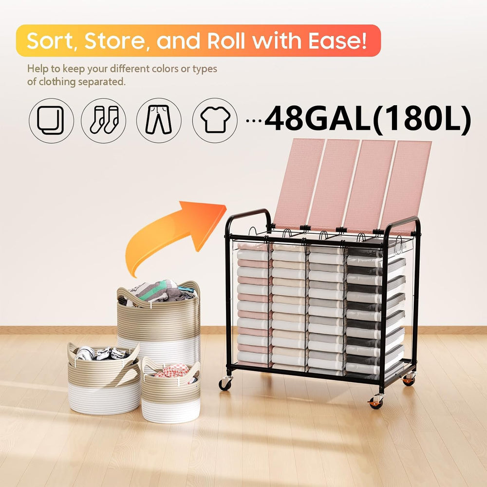 Laundry Sorter 4 Sections 48 Gal, Rolling Laundry Basket with Wheels ＆ Lid