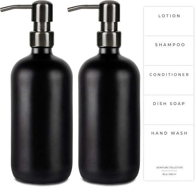 Emerson Essentials Glass Soap Bottle Dispensers, 2 Pack, Stainless-Steel Pumps by Emerson+Essentials