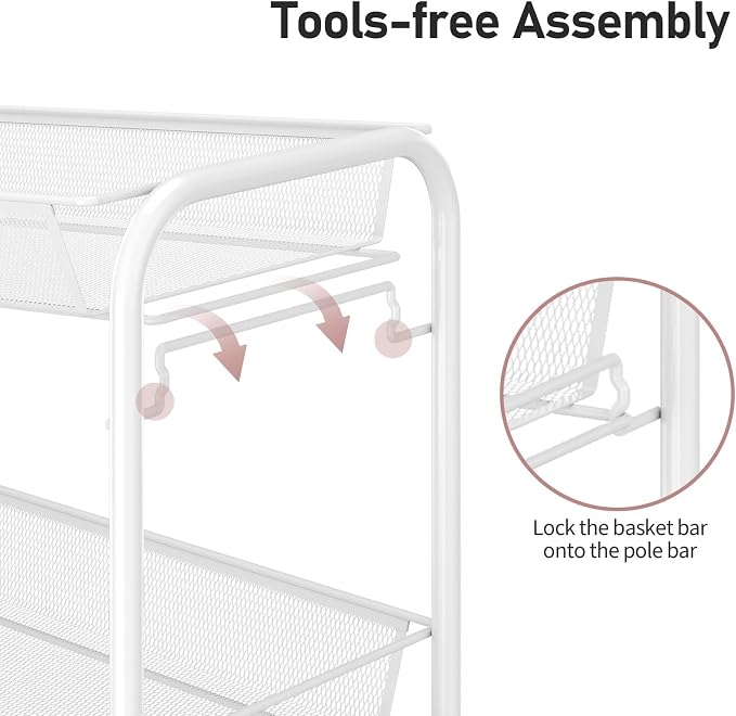 TOOLF 3-Tier Metal Rolling Cart, Mesh Wire Easy Assemble Utility Cart, Storage - Image 3