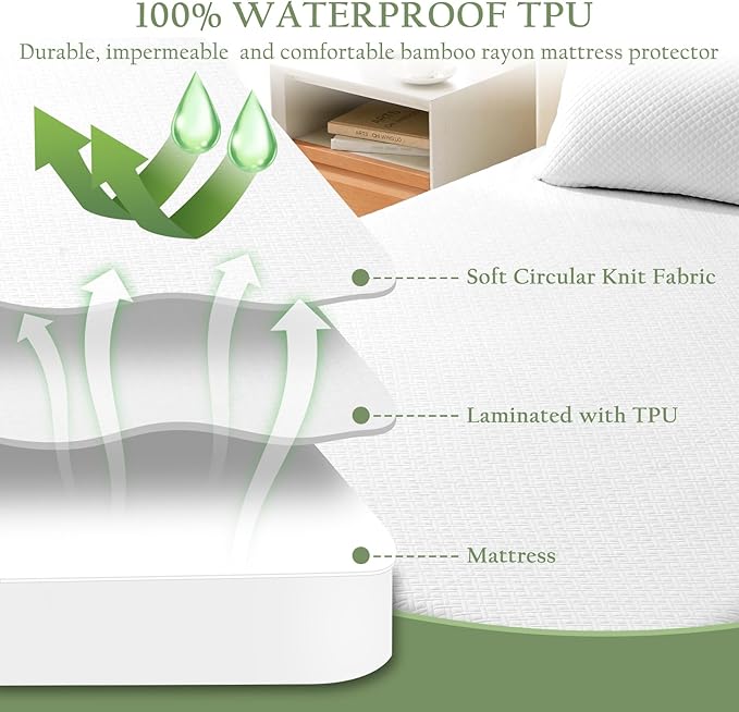 100% Waterproof Queen Mattress Protector, Breathable Bamboo Rayon Mattress Cover - Image 4