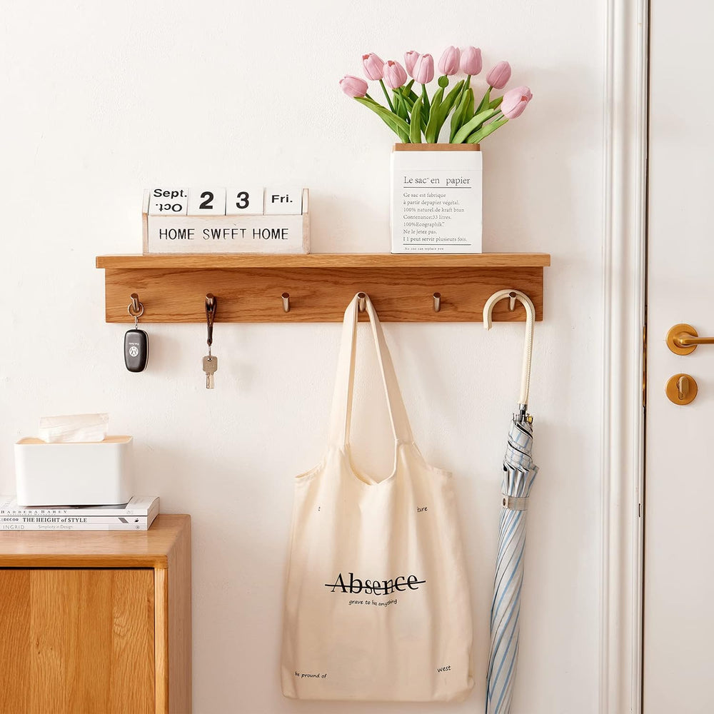 Coat Rack Shelf Wall Mounted Oak Wood Entryway Shelf with 5 Hooks Wall Coat H...