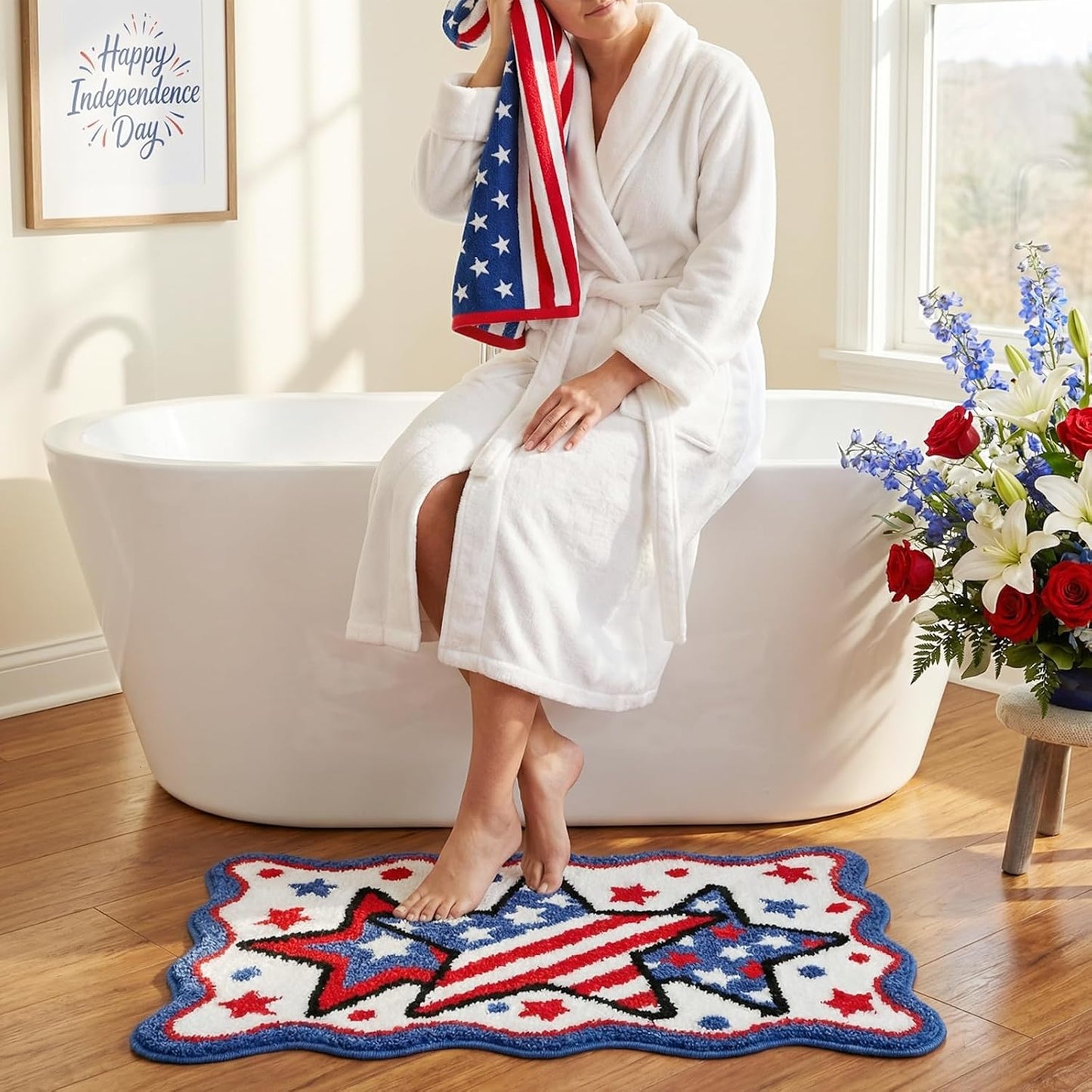Lindameler 4th of July Bath Mat Soft Washable Patriotic Bath Rug 20 X 30 Inch American Flag Red Blue Stars Patriotic Rug Doormat for Independence Day Decorations