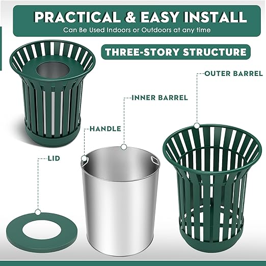 16Gallon/62L Commercial Outdoor & Indoor Metal Trash Can, Outdoor Slatted Trash - Image 4