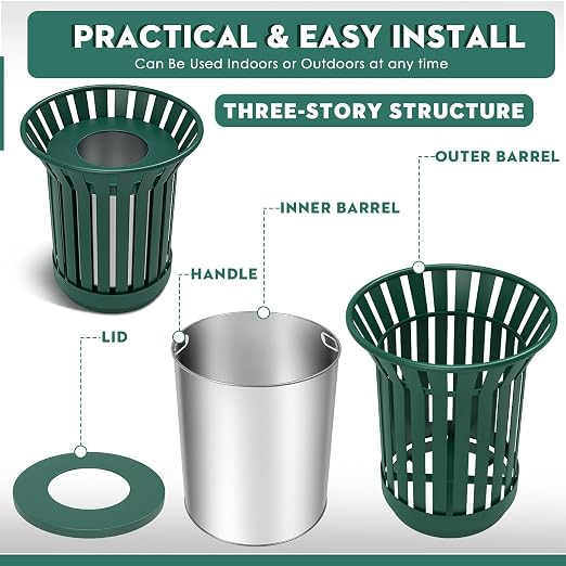 Round Heavy Duty Outdoor Trash Can, Large Metal Slatted Garbage Can - Image 7