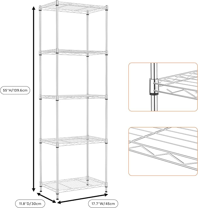 5 Tiers Shelf Metal Storage Shelves Wire Rack Closet Organizers - Image 3