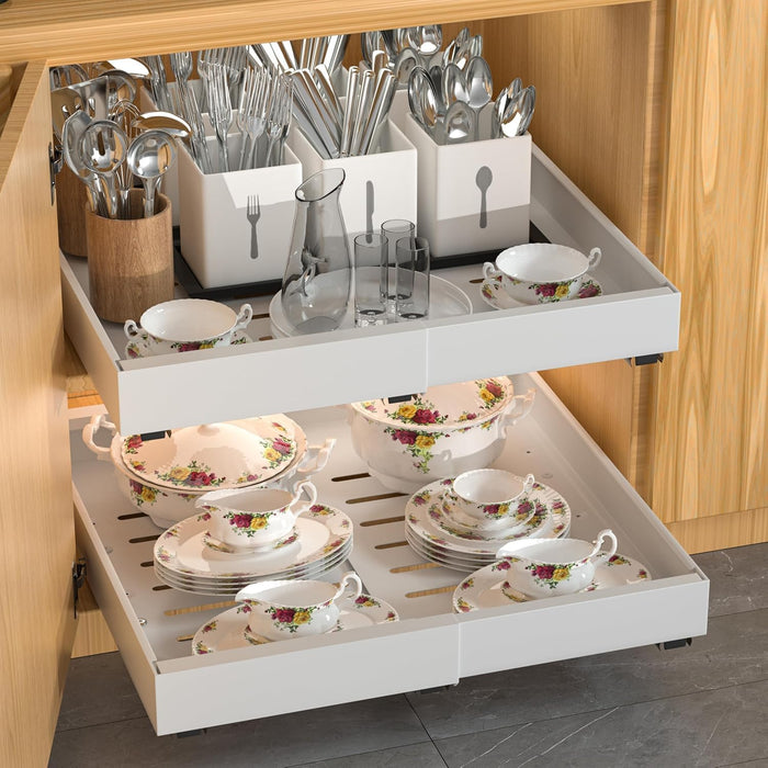 DEKAVA 4 Pack Pull Out Cabinet Organizer Expandable, Adhesive with Nano Film, Pull Out Drawers for Cabinets in Kitchen, Pantry or Bathroom (White, 21“DEEPX[12"-20'']Width-4PACK)