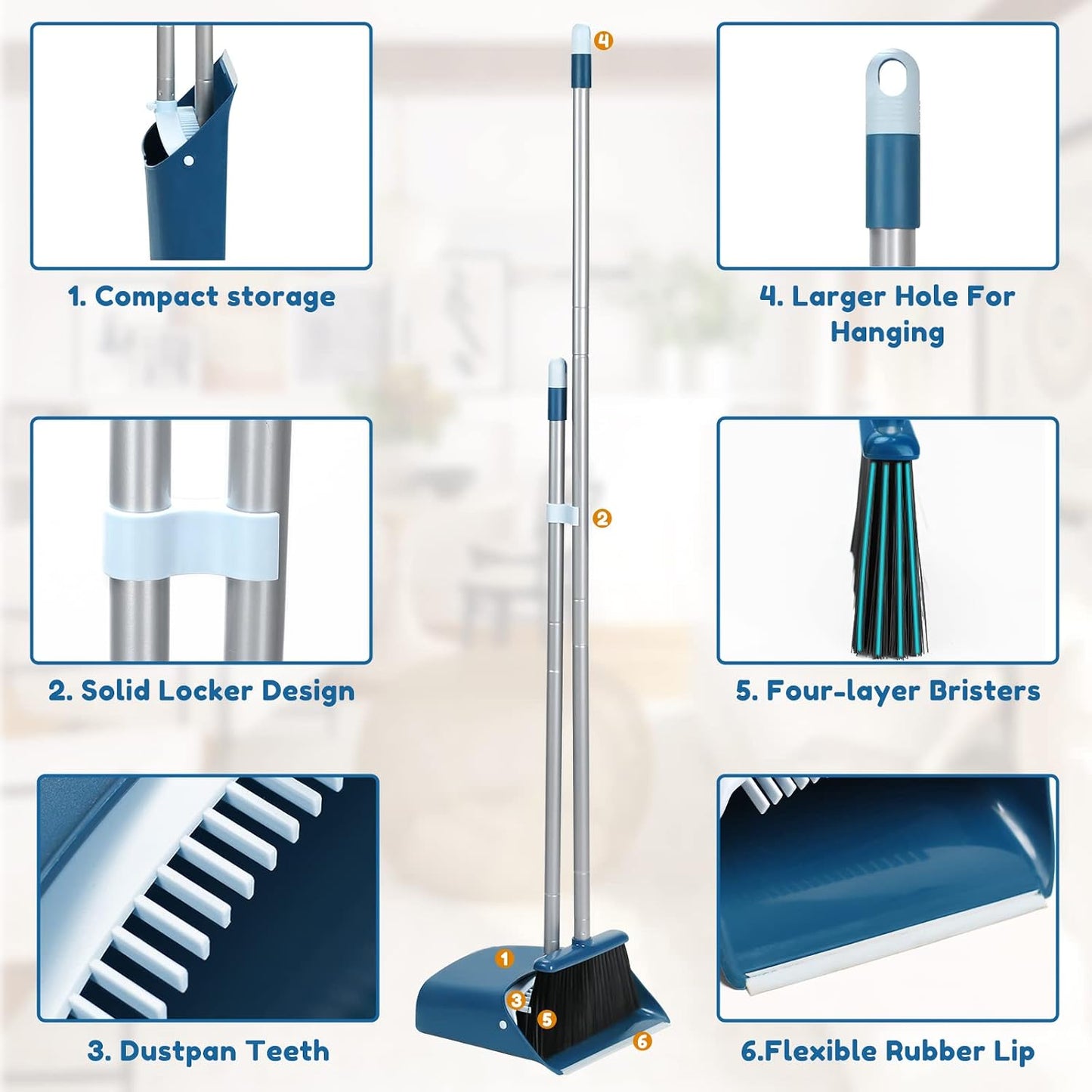 Standing Dustpan and Broom Set with 52" Long Extendable Handle for Home, Indoor, Kitchen Room Office Lobby Floor Cleaning