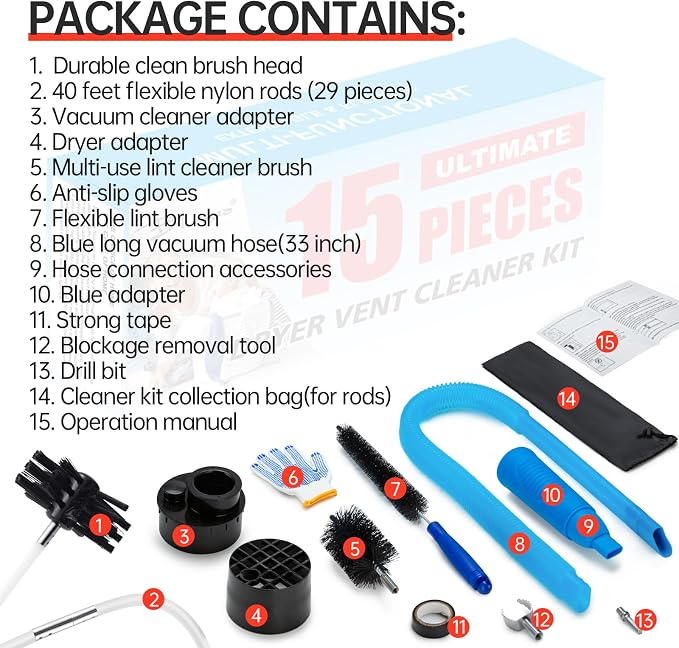 BLuesea Dryer Vent Cleaner Kit, 15-Piece Ultimate Dryer Cleaning Kit Include 40 - Image 6