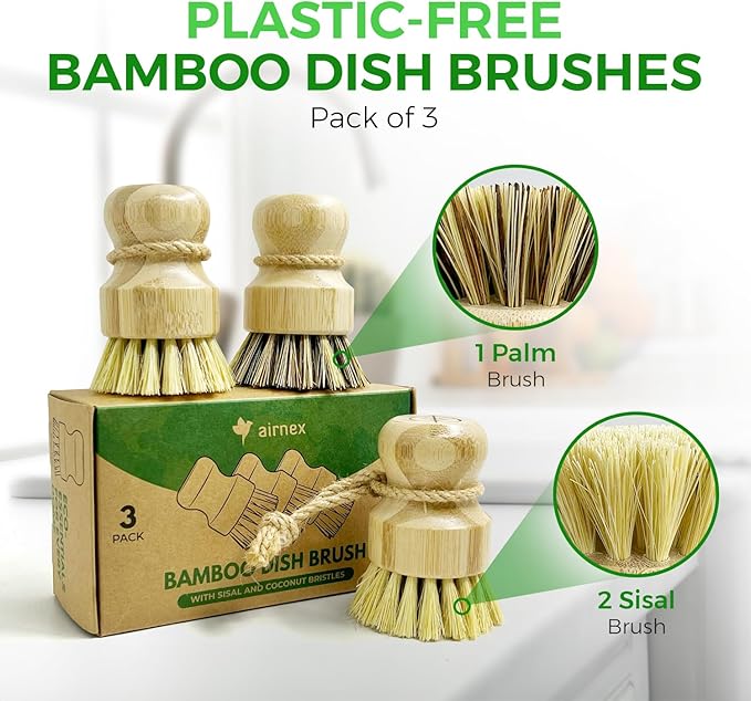 Bamboo Dish Brush Set of 3-100% Plastic Free Kitchen Scrubber - Image 2