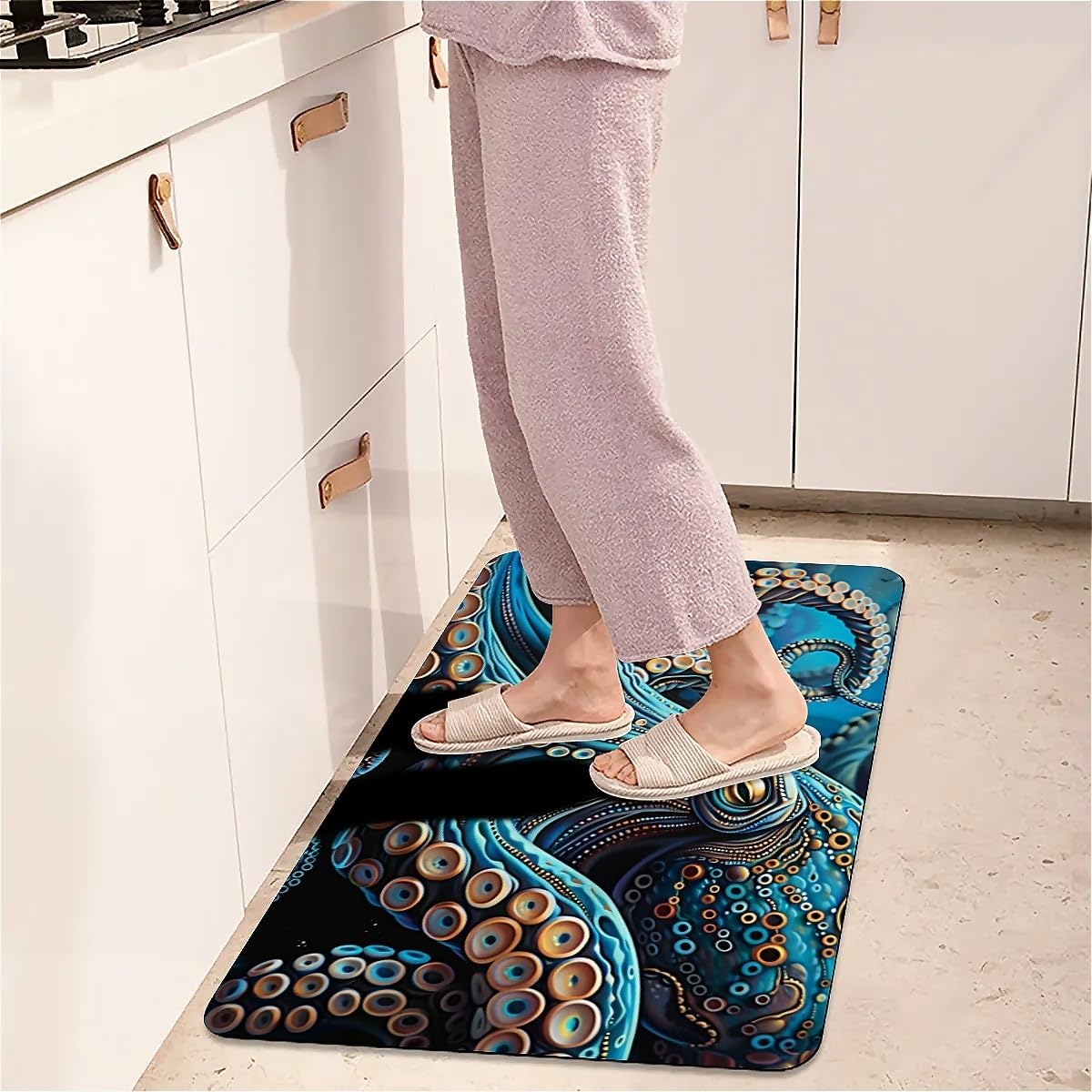 Bath Mat Rug,Blue Octopus Non Slip Quick Dry Super Absorbent Thin Bathroom Rugs Fit Under Door-Easy to Clean Bathroom Floor Mats-Shower Rug for Shower Sink Bathtub(16" x 24"in)